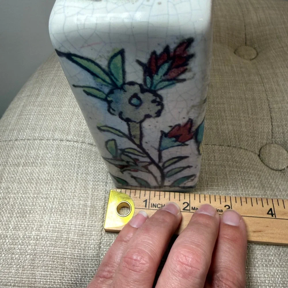 Pottery Barn Mini Iznik Square Vase Crackle Glaze Deer Birds Floral Stoneware